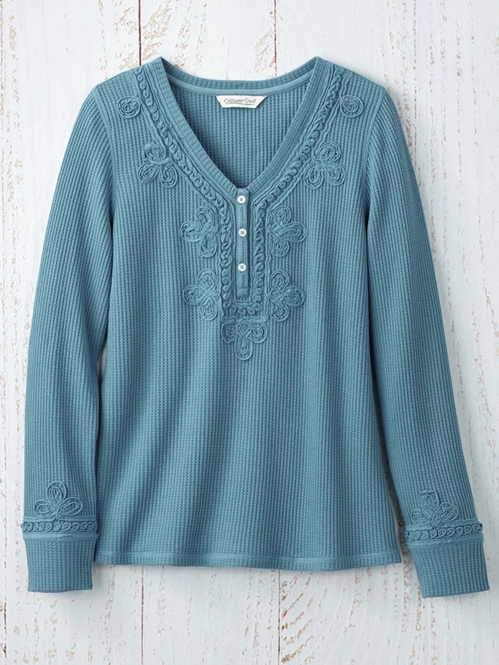 Coldwater Creek Soutache Waffle Henley Lagoon (Teal) Size Medium